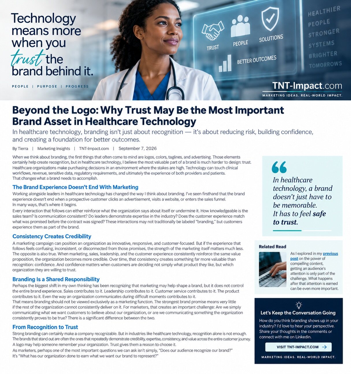 Original TNT Impact designed application post about trust in healthcare technology branding